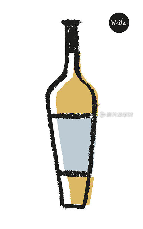 Wine bottle drawing for logo design. Hand-drawn line art with artistic pencil textures.